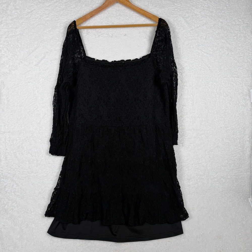 Unknown Brand Lace Mini Dress Womens Black Square Neck Long Sleeve Tiered Ruffle